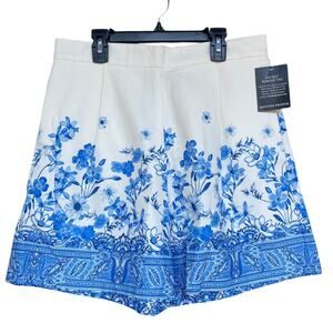 Boston Proper Shorts Womens Size 10 White Blue Floral Paisley High Waist Cotton